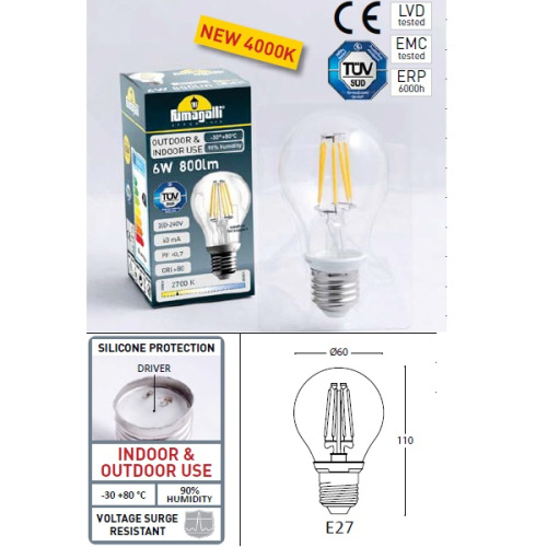 Лампа светодиодная E27 220v/6w LED-FIL, 800Lm, 2700К