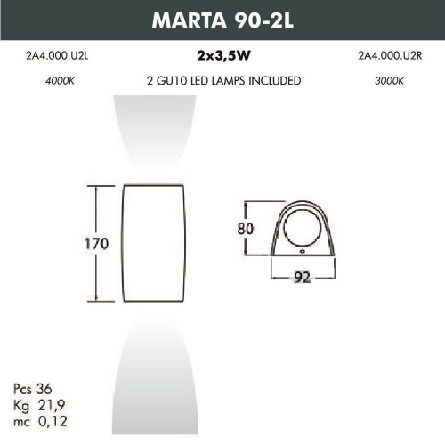 Уличный настенный светильник (2A6.000.000.AXG2L) Fumagalli MARTA 160 2L, 2х3W LED-CMD (700 Lm/4000К)